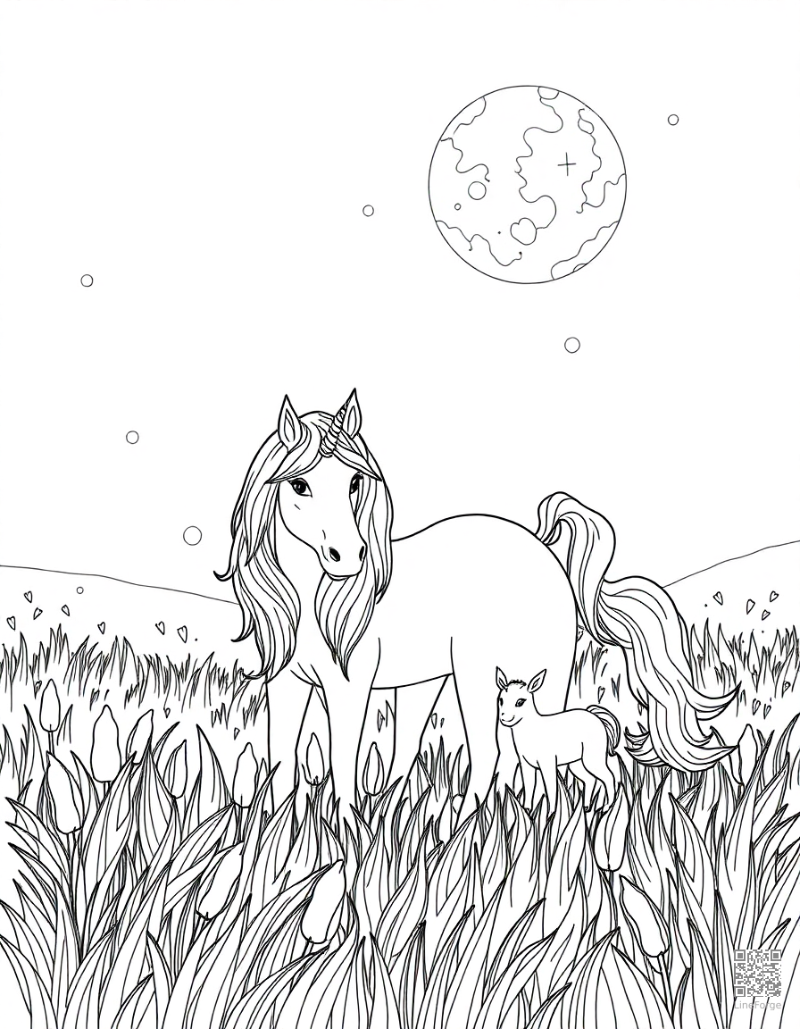 A unicorn family in a moonlit meadow with fireflies coloring page Contour style - free printable