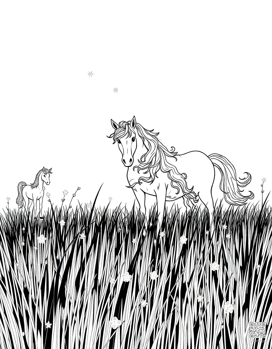 A unicorn family in a moonlit meadow with fireflies coloring page Crosshatch style - free printable