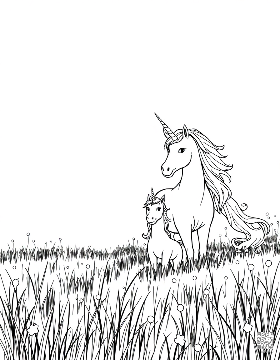 A unicorn family in a moonlit meadow with fireflies coloring page Manga style - free printable