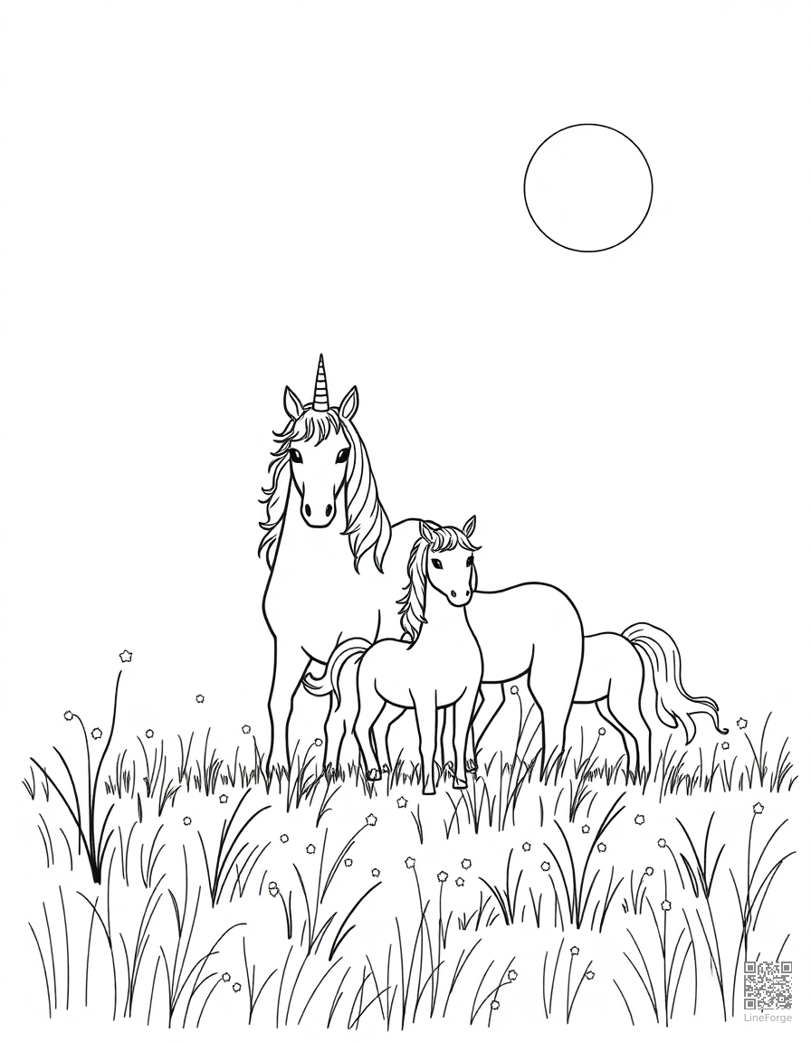 A unicorn family in a moonlit meadow with fireflies coloring page Minimal style - free printable