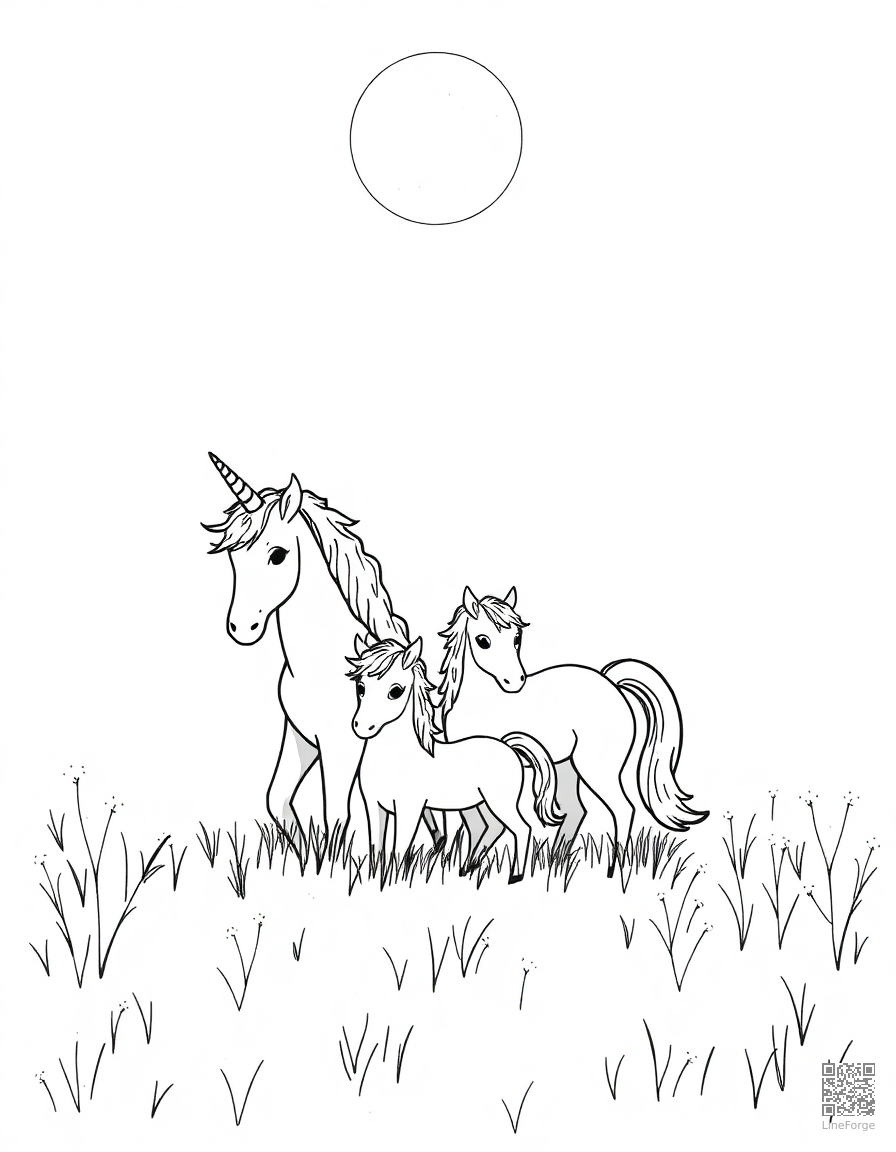 A unicorn family in a moonlit meadow with fireflies coloring page Stipple style - free printable