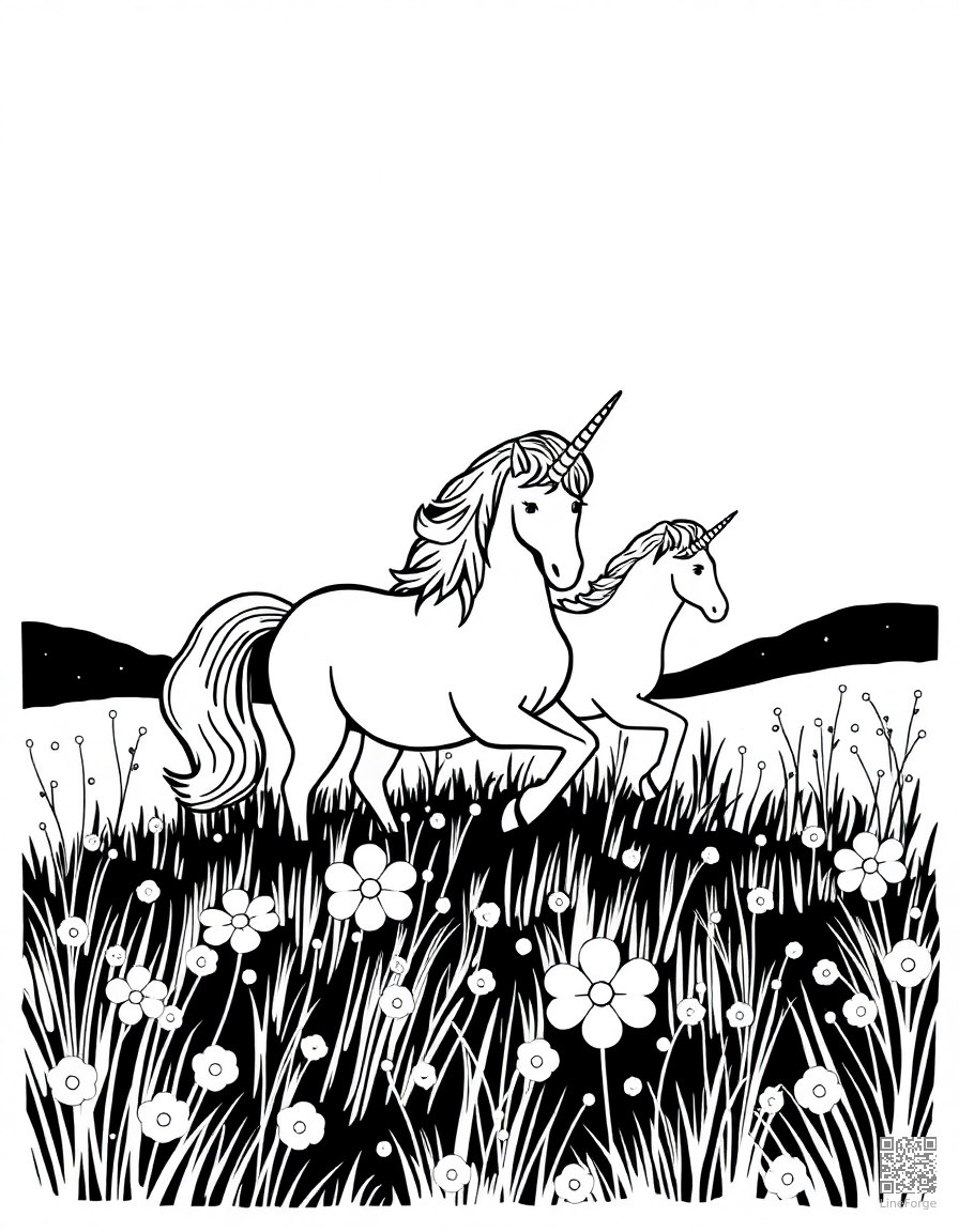 A unicorn family in a moonlit meadow with fireflies coloring page Woodcut style - free printable
