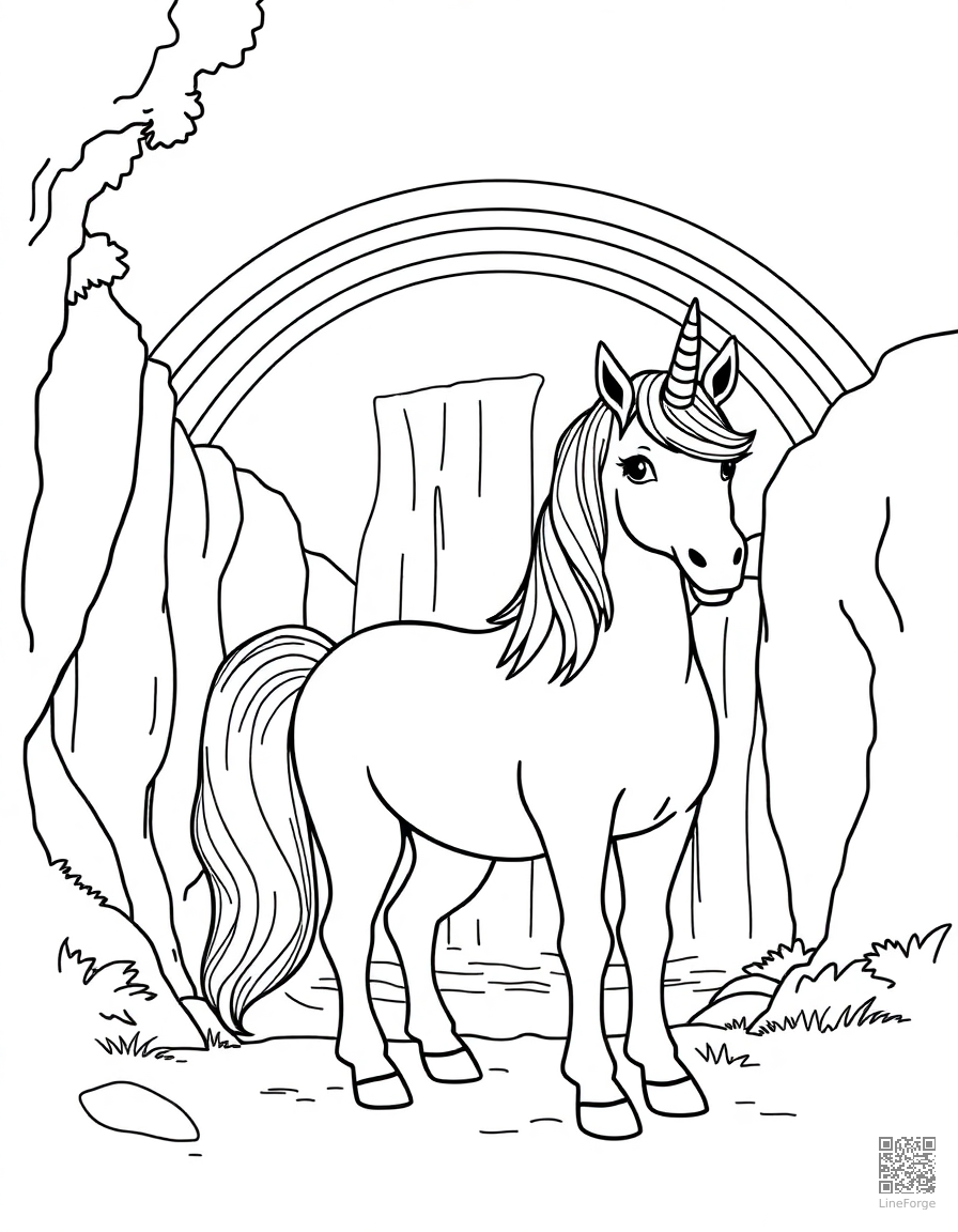 A unicorn standing before a rainbow over a waterfall coloring page Contour style - free printable