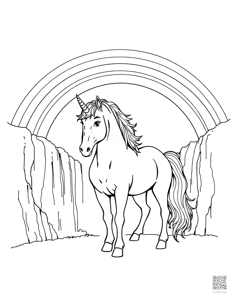 A unicorn standing before a rainbow over a waterfall coloring page Crosshatch style - free printable