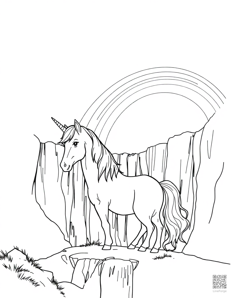 A unicorn standing before a rainbow over a waterfall coloring page Manga style - free printable