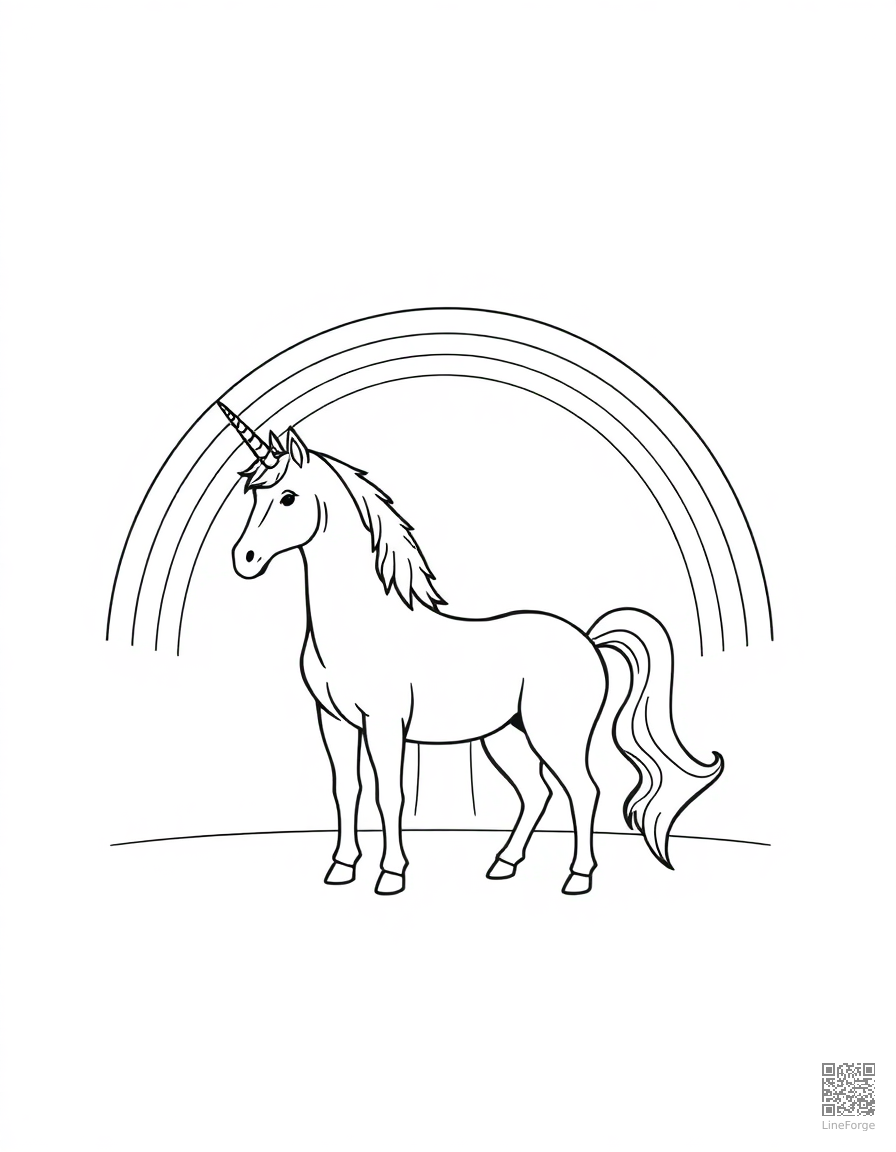 A unicorn standing before a rainbow over a waterfall coloring page Minimal style - free printable
