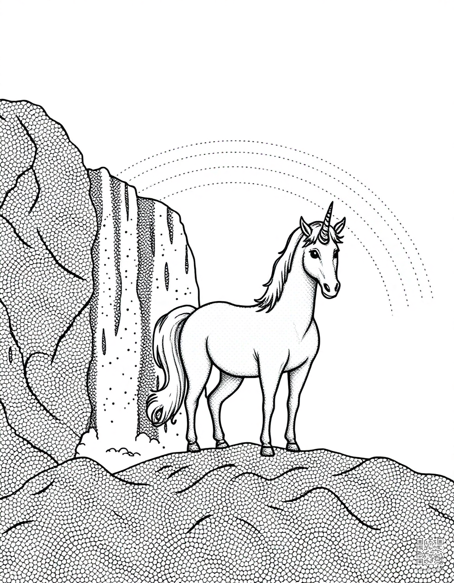 A unicorn standing before a rainbow over a waterfall coloring page Stipple style - free printable