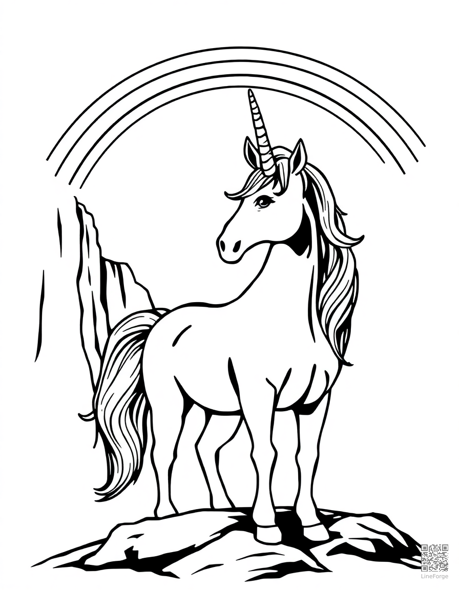 A unicorn standing before a rainbow over a waterfall coloring page Woodcut style - free printable