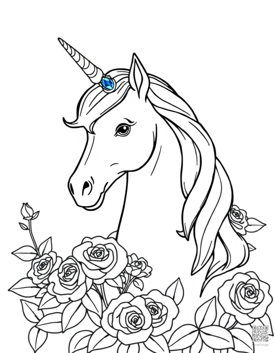 A unicorn with a jeweled horn in a rose garden coloring page Contour style - free printable