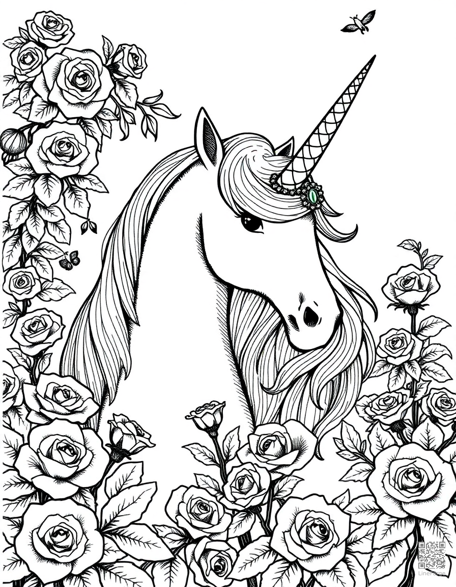 A unicorn with a jeweled horn in a rose garden coloring page Crosshatch style - free printable