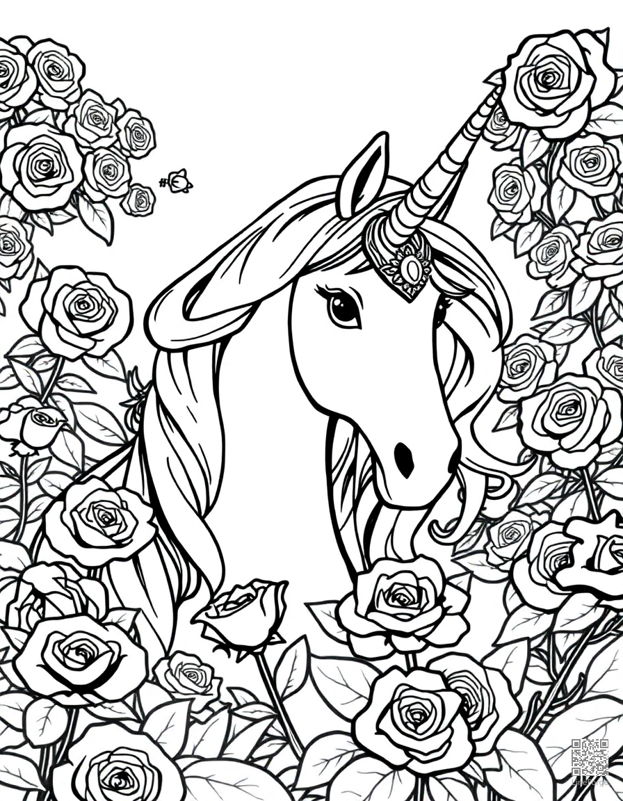 A unicorn with a jeweled horn in a rose garden coloring page Manga style - free printable