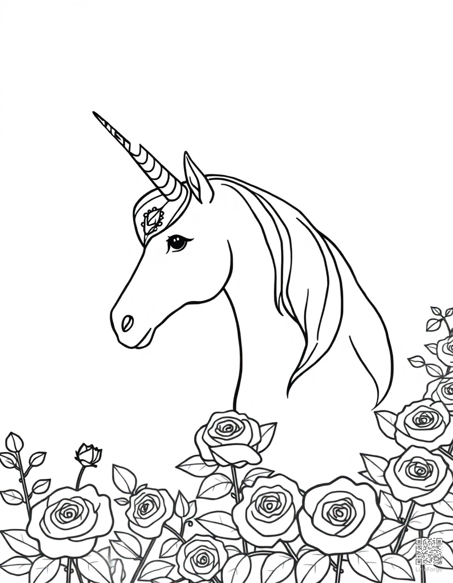A unicorn with a jeweled horn in a rose garden coloring page Minimal style - free printable