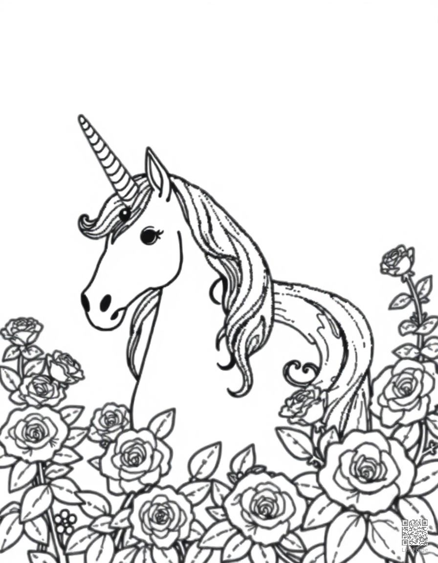 A unicorn with a jeweled horn in a rose garden coloring page Stipple style - free printable