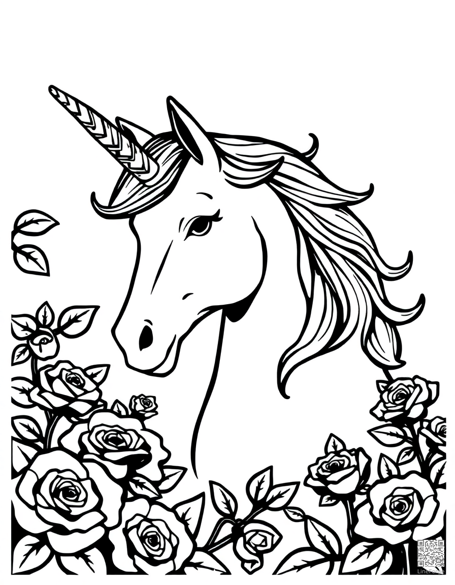 A unicorn with a jeweled horn in a rose garden coloring page Woodcut style - free printable