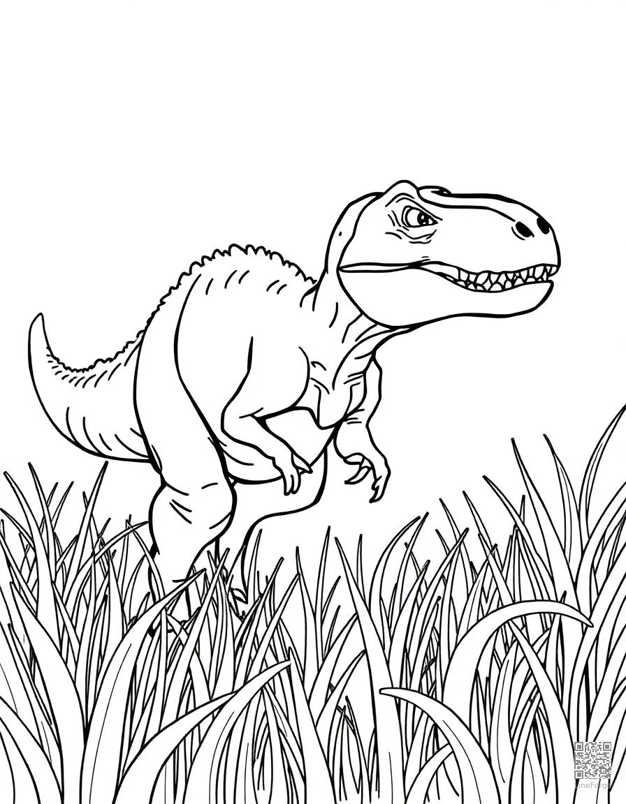 A velociraptor hunting in tall grass coloring page Contour style - free printable
