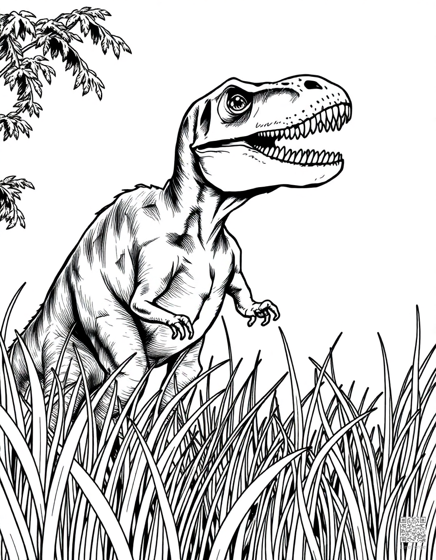 A velociraptor hunting in tall grass coloring page Crosshatch style - free printable
