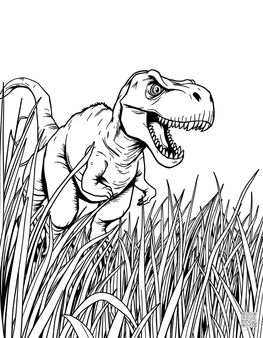 A velociraptor hunting in tall grass coloring page Manga style - free printable