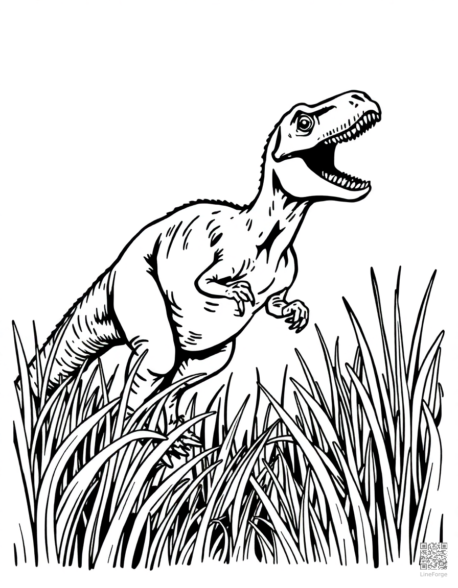 A velociraptor hunting in tall grass coloring page Woodcut style - free printable