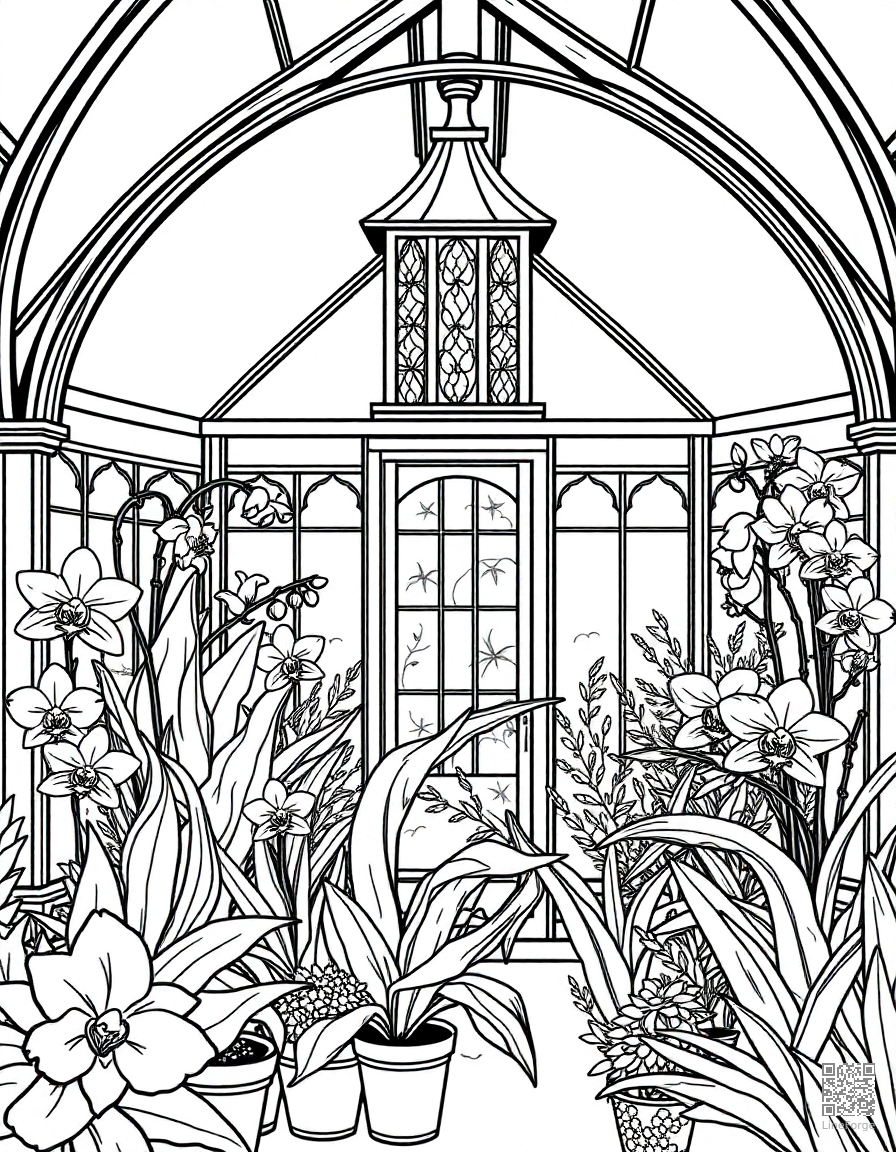 A Victorian greenhouse filled with exotic orchids coloring page Contour style - free printable