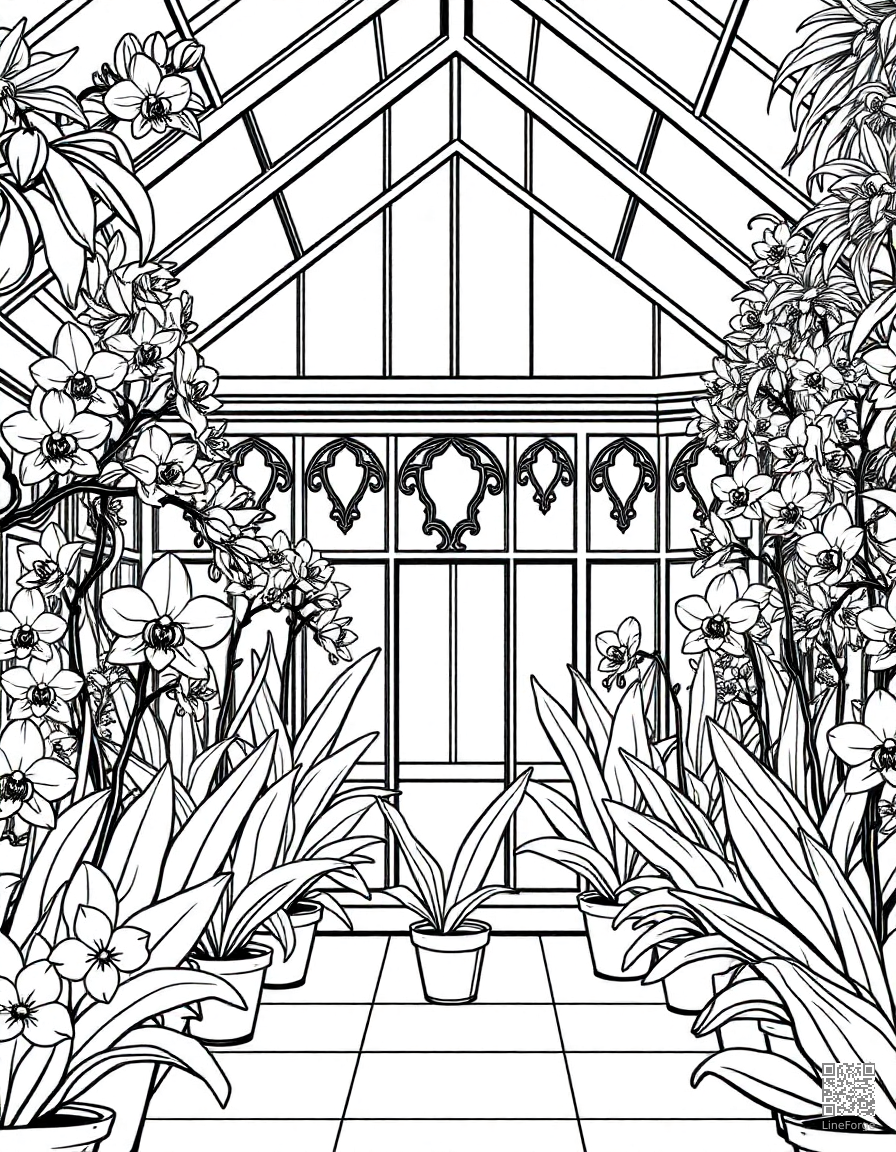 A Victorian greenhouse filled with exotic orchids coloring page Contour style - free printable