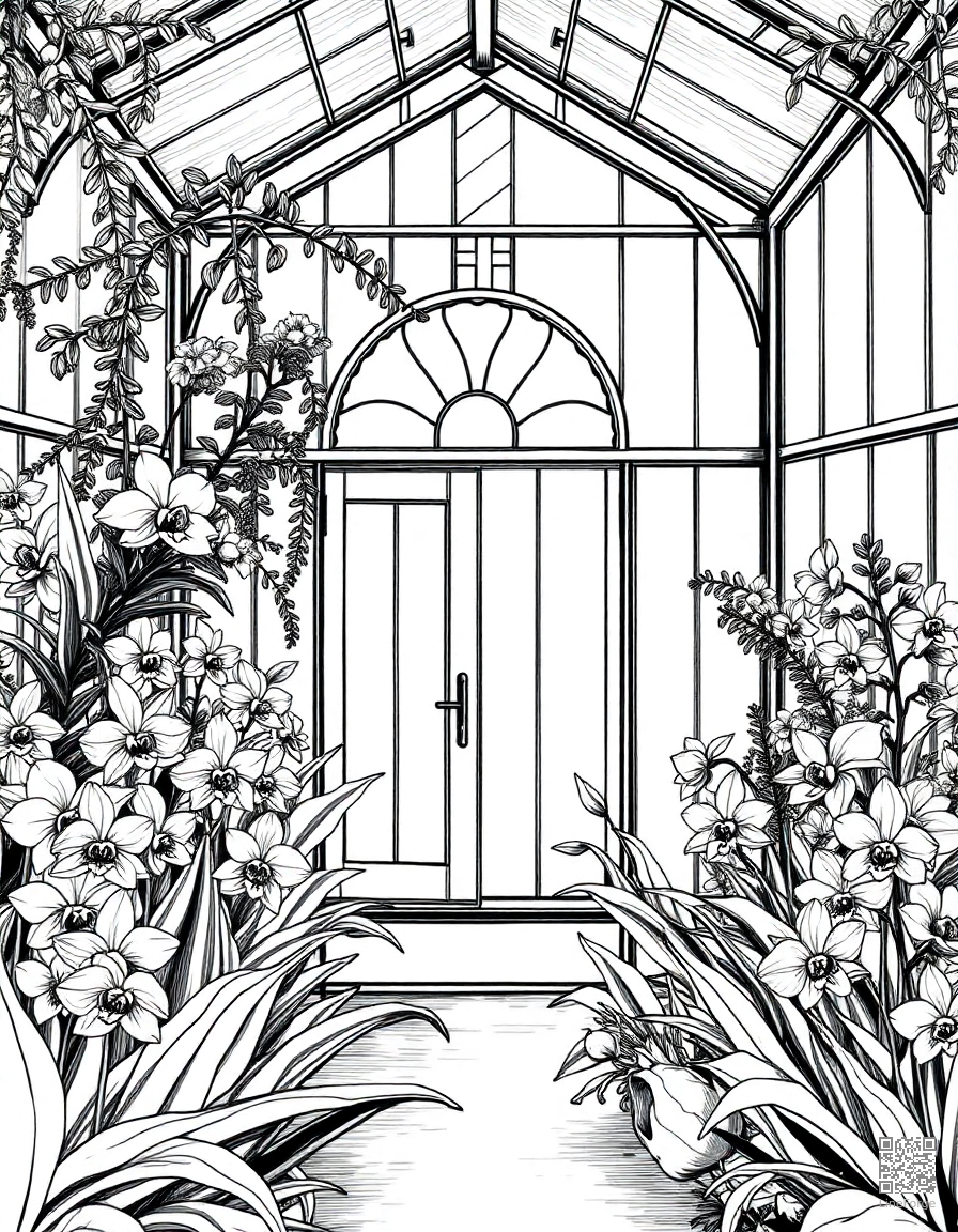 A Victorian greenhouse filled with exotic orchids coloring page Crosshatch style - free printable