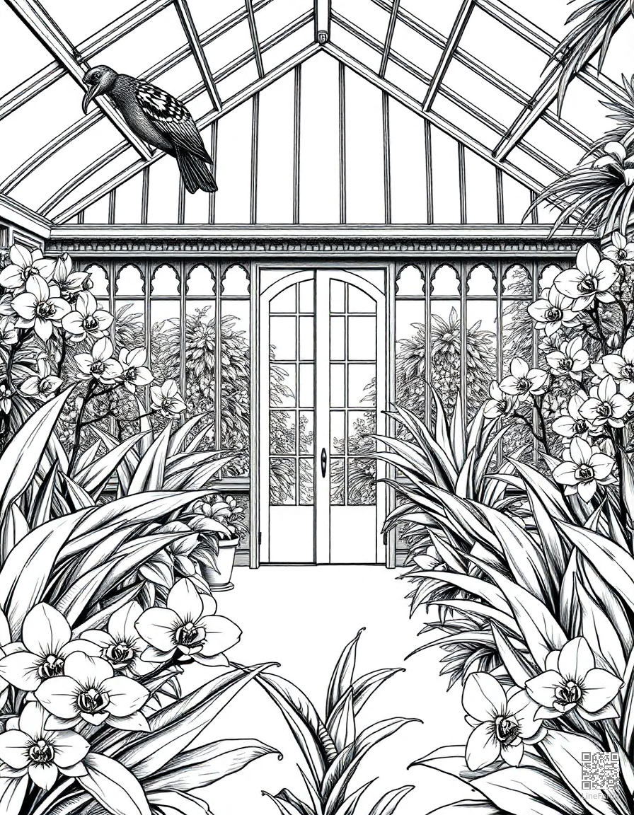 A Victorian greenhouse filled with exotic orchids coloring page Crosshatch style - free printable