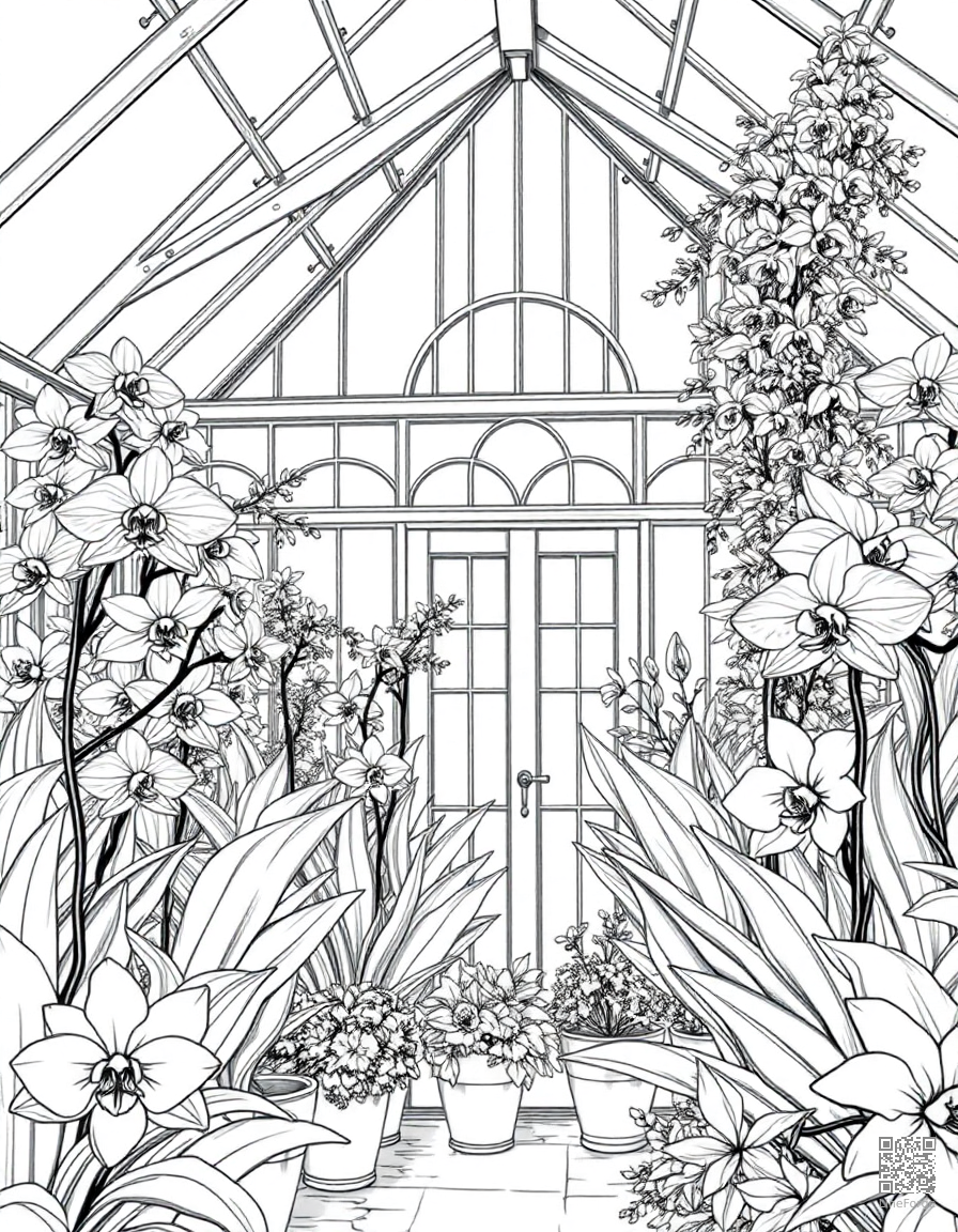 A Victorian greenhouse filled with exotic orchids coloring page Manga style free printable