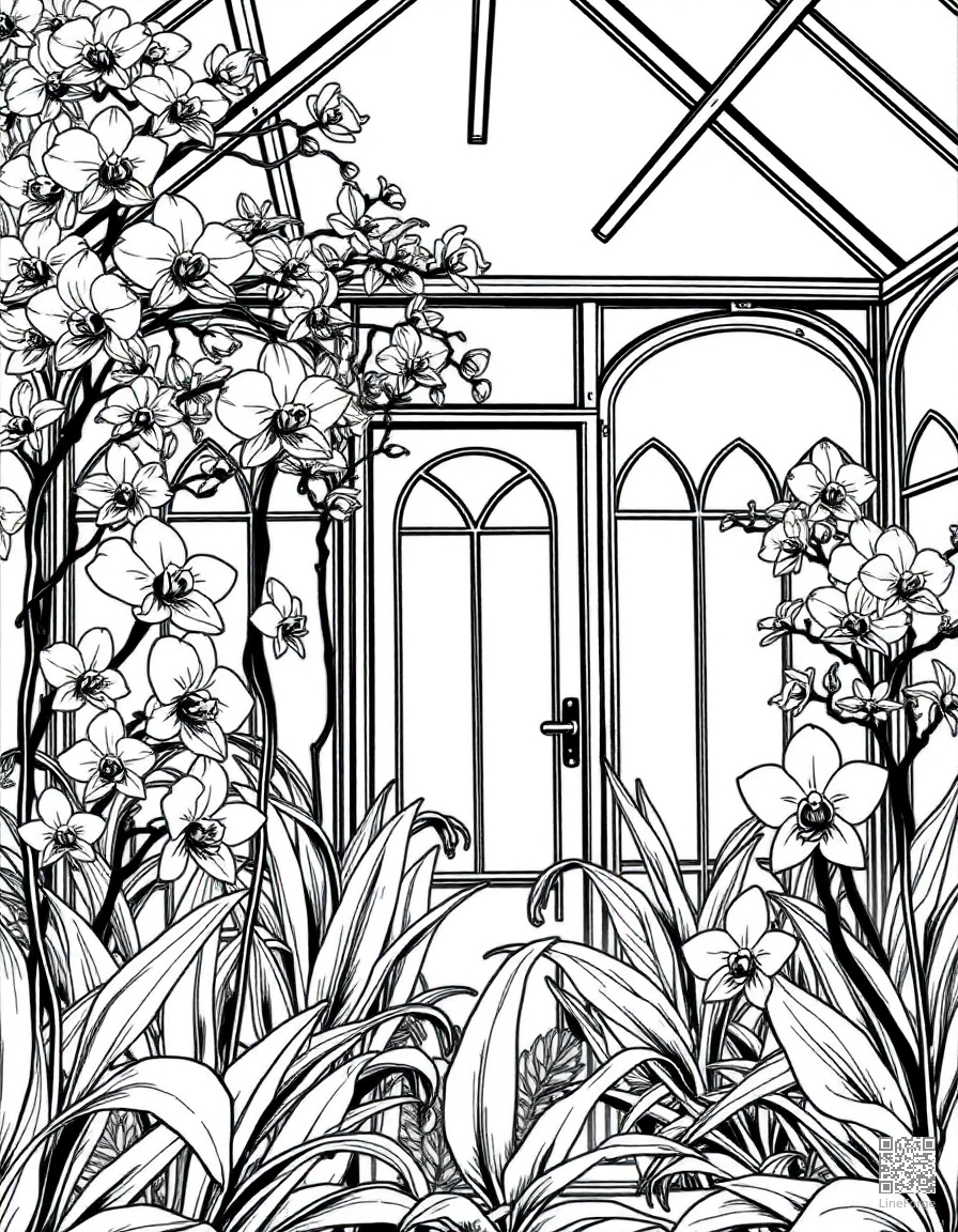 A Victorian greenhouse filled with exotic orchids coloring page Manga style free printable