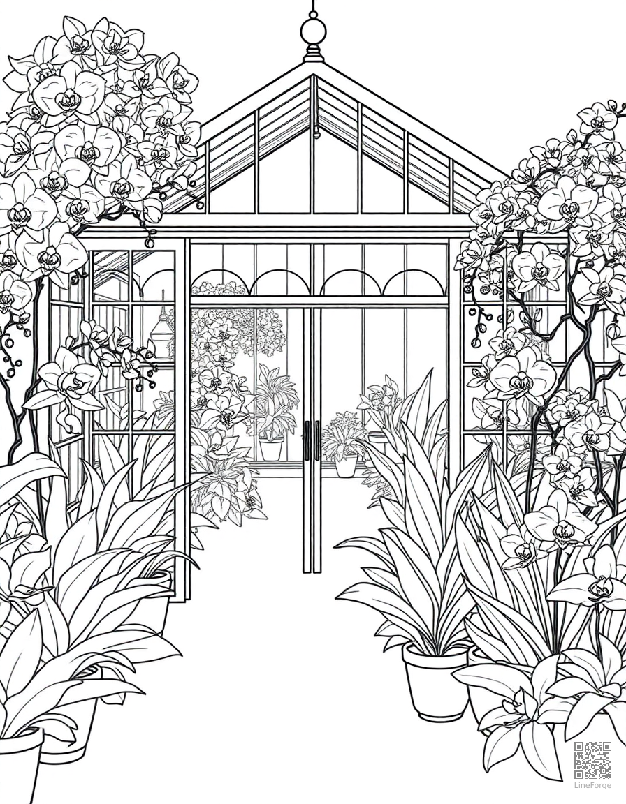 A Victorian greenhouse filled with exotic orchids coloring page Minimal style - free printable