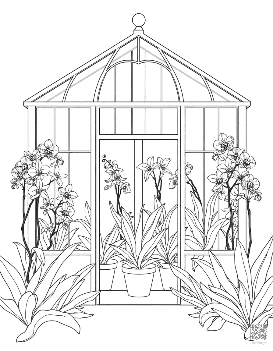 A Victorian greenhouse filled with exotic orchids coloring page Minimal style - free printable