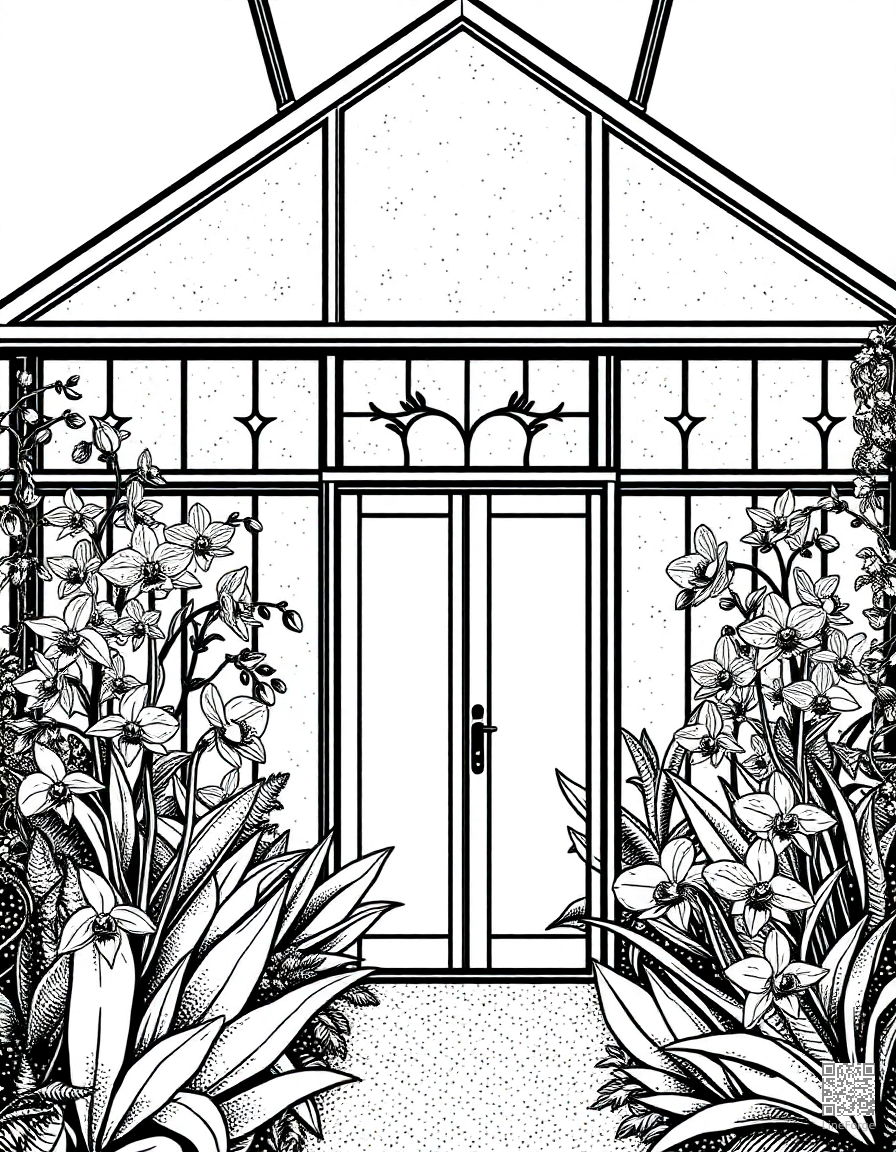 A Victorian greenhouse filled with exotic orchids coloring page Stipple style - free printable