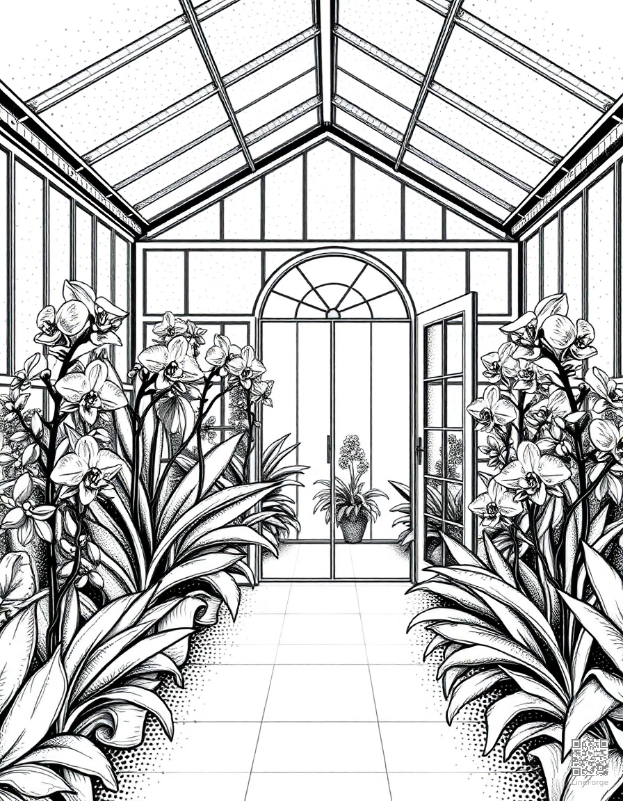 A Victorian greenhouse filled with exotic orchids coloring page Stipple style - free printable