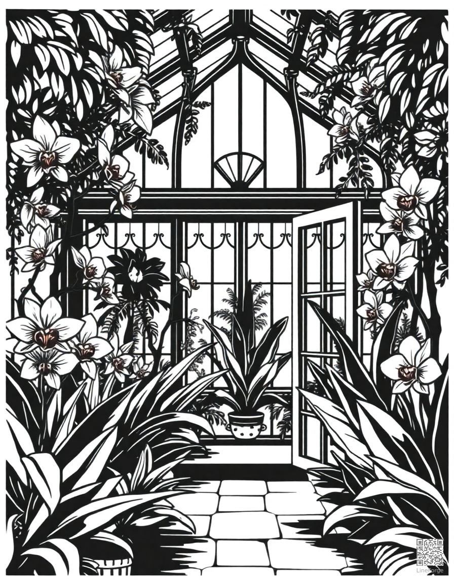 A Victorian greenhouse filled with exotic orchids coloring page Woodcut style - free printable