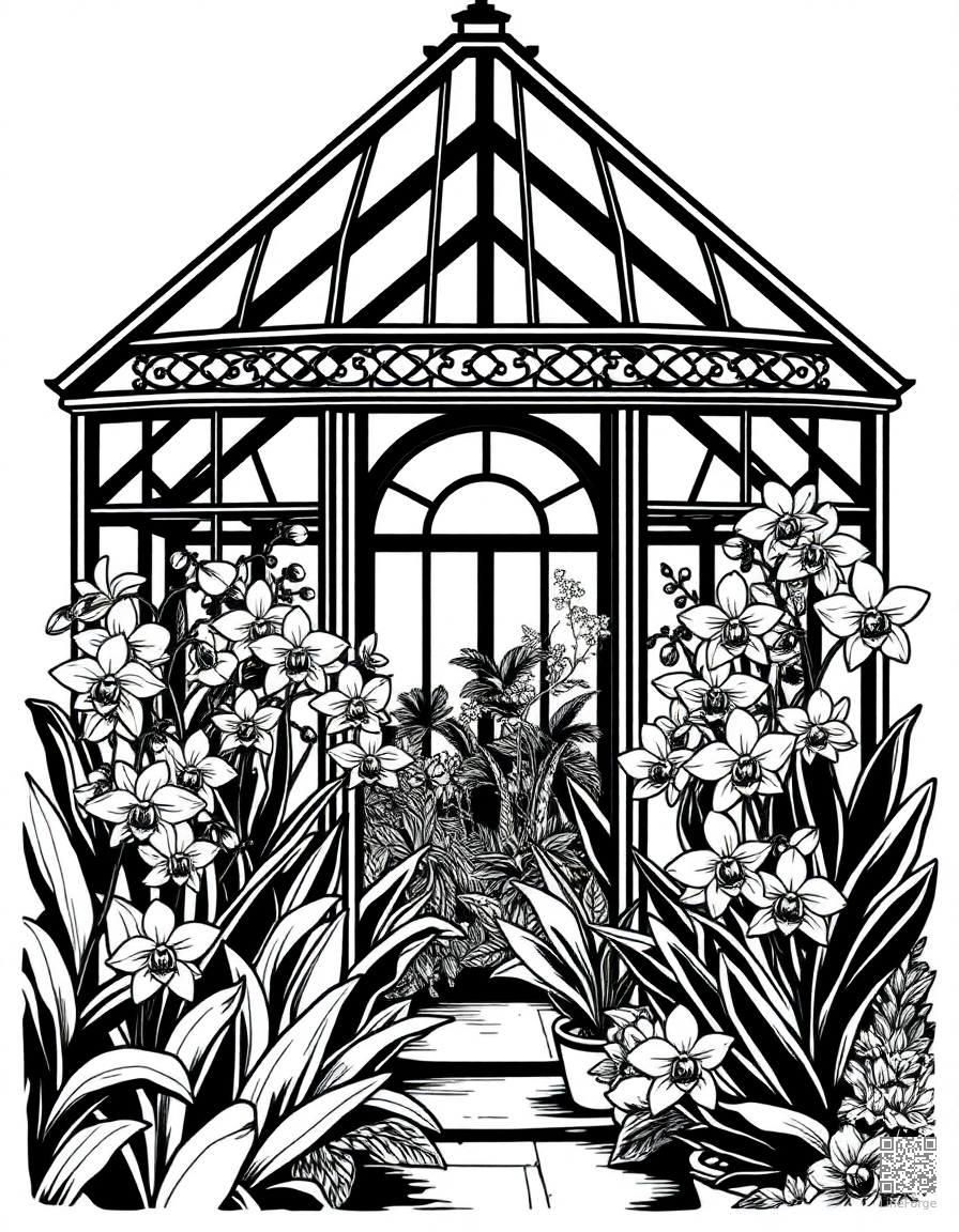 A Victorian greenhouse filled with exotic orchids coloring page Woodcut style - free printable