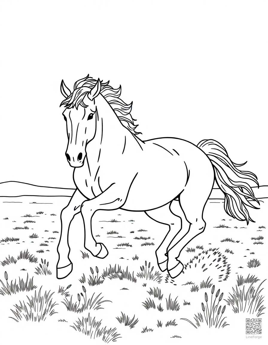 A wild mustang galloping across open plains coloring page Contour style free printable