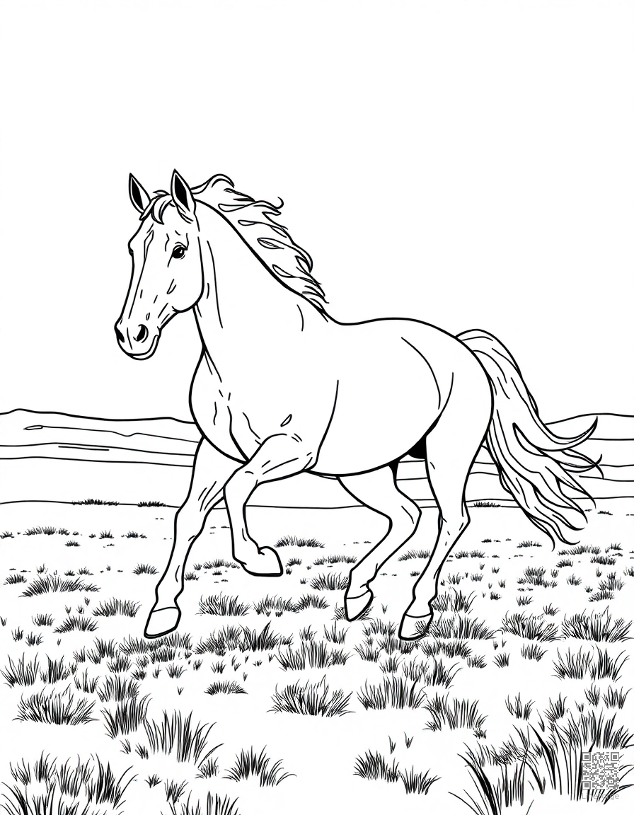 A wild mustang galloping across open plains coloring page Contour style free printable
