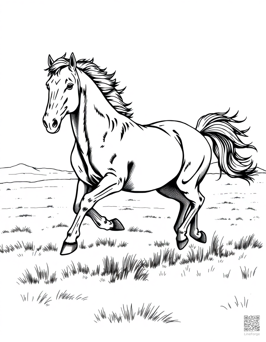A wild mustang galloping across open plains coloring page Crosshatch style free printable