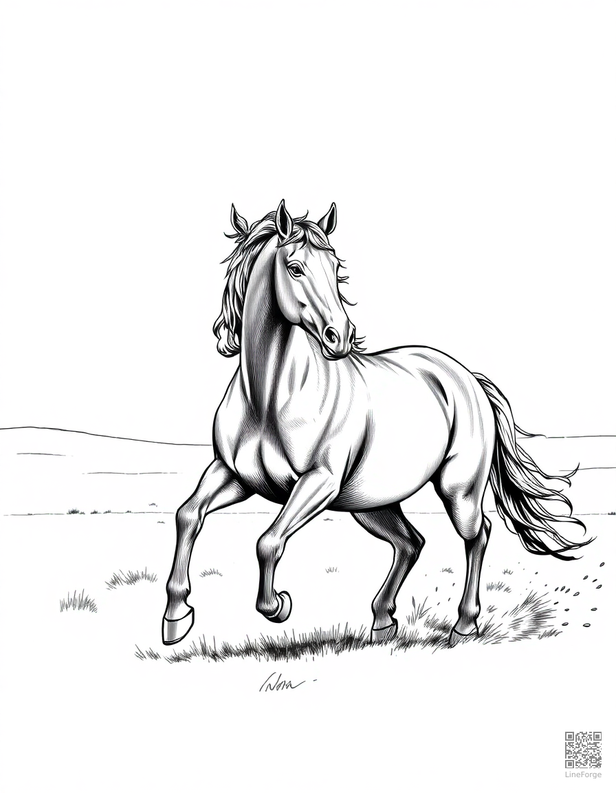 A wild mustang galloping across open plains coloring page Crosshatch style free printable