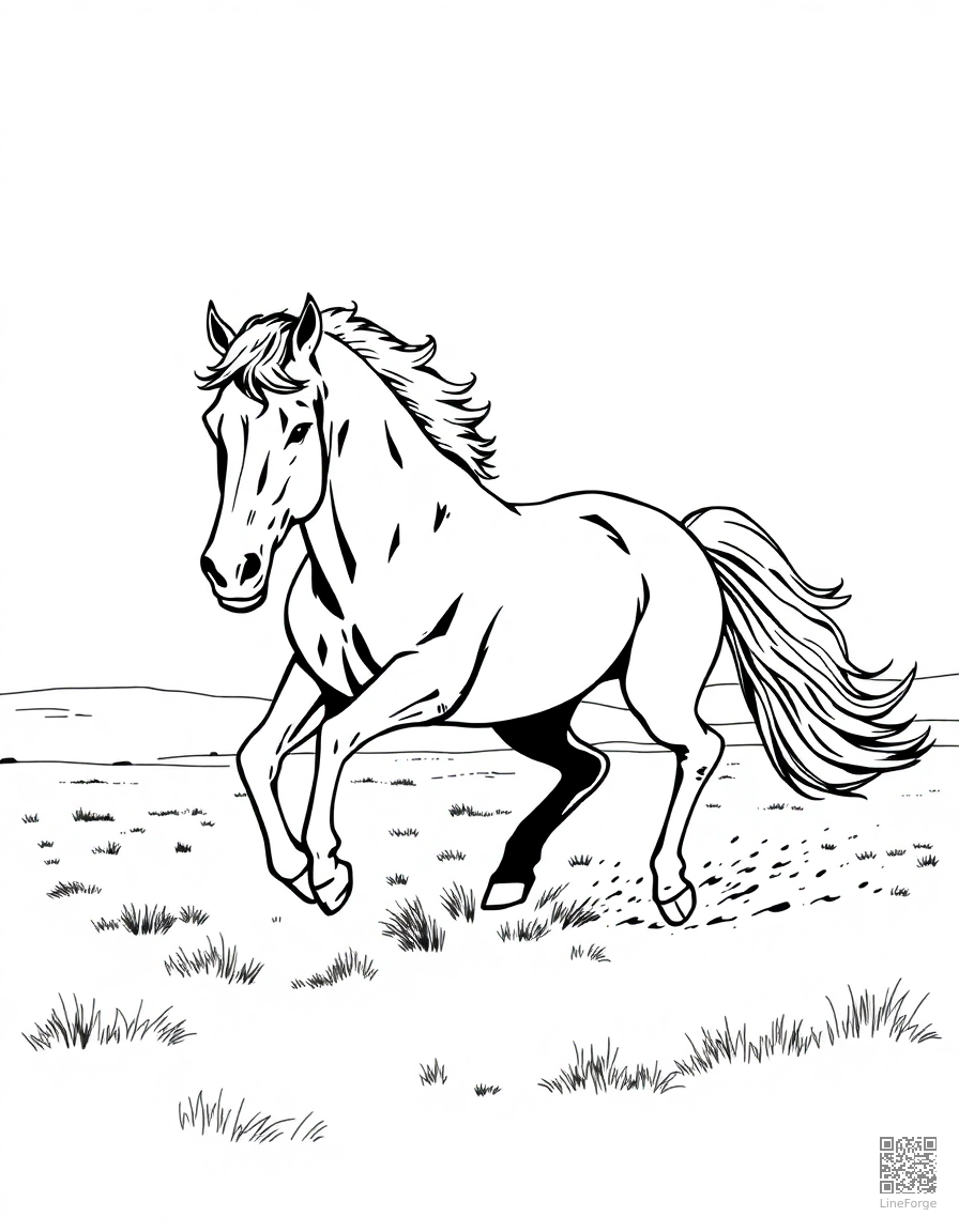 A wild mustang galloping across open plains coloring page Manga style free printable