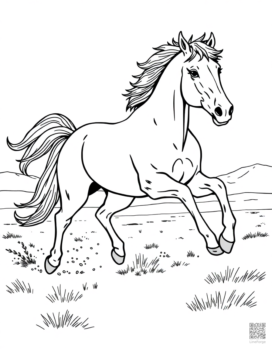 A wild mustang galloping across open plains coloring page Manga style free printable