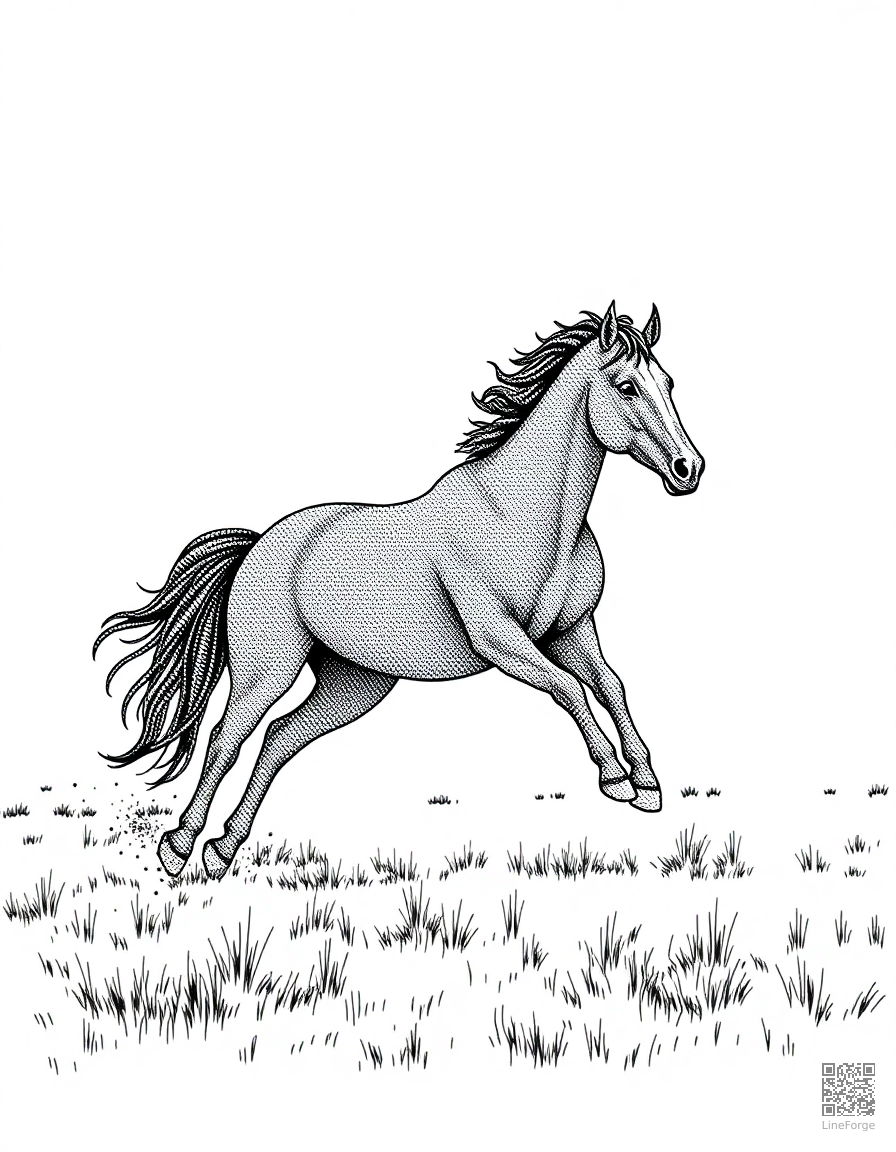 A wild mustang galloping across open plains coloring page Stipple style free printable
