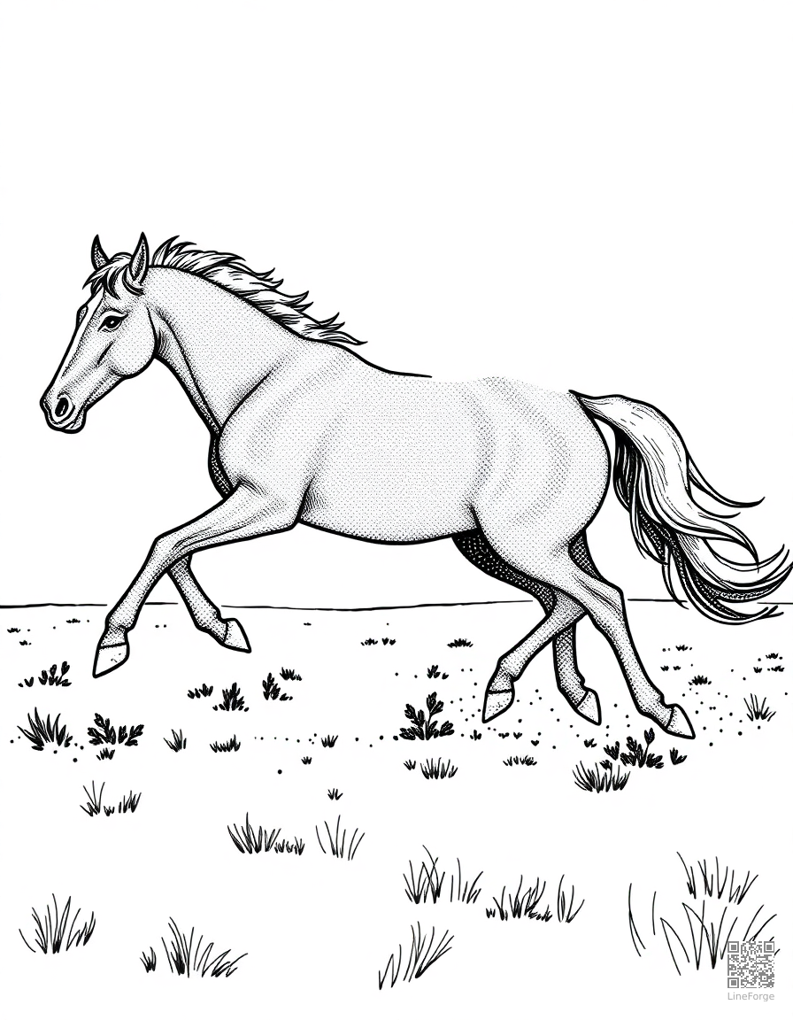A wild mustang galloping across open plains coloring page Stipple style free printable