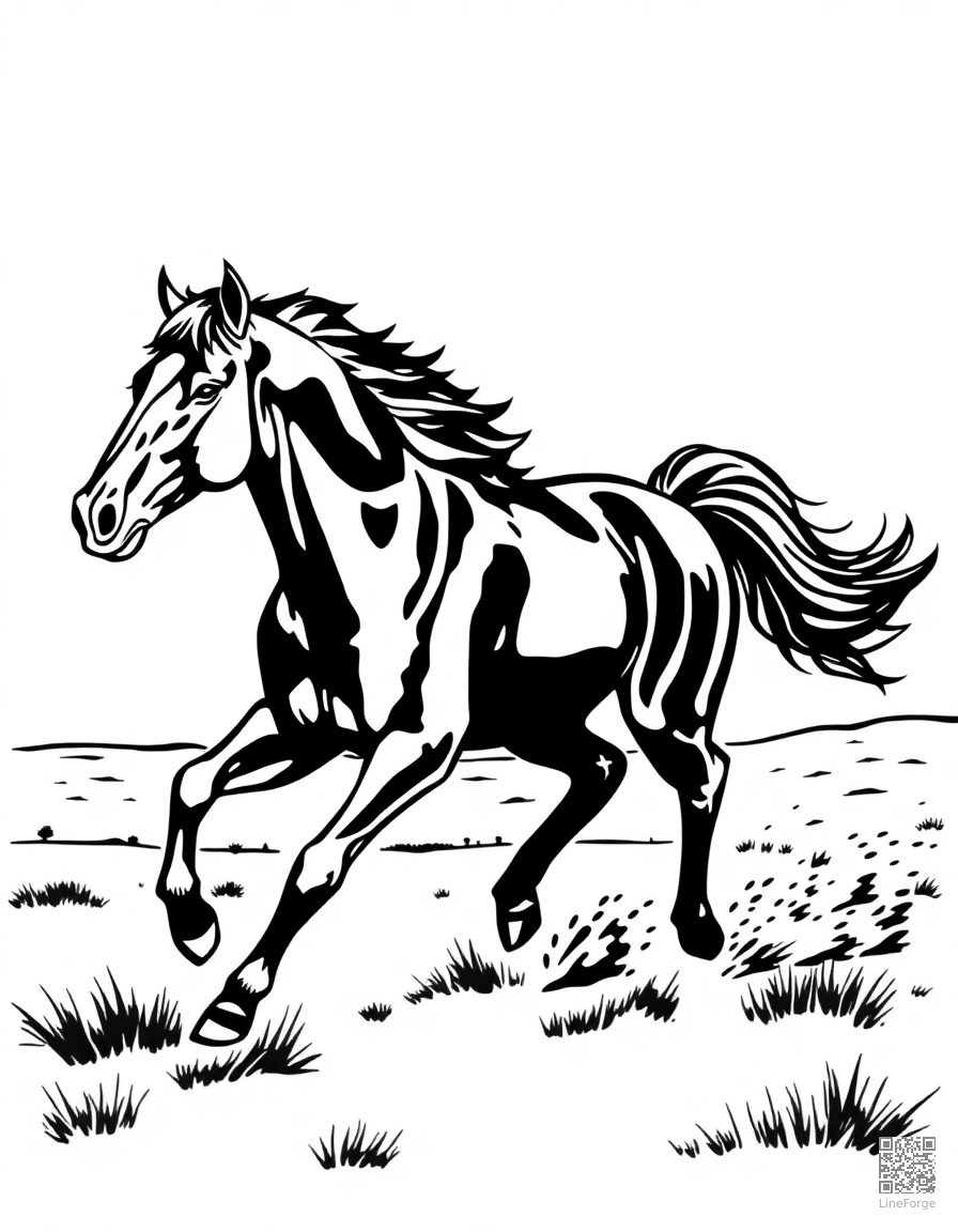 A wild mustang galloping across open plains coloring page Woodcut style - free printable