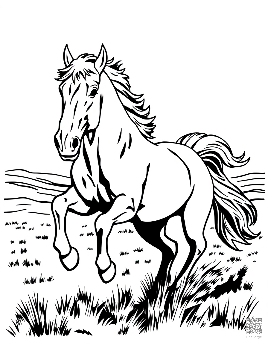 A wild mustang galloping across open plains coloring page Woodcut style - free printable