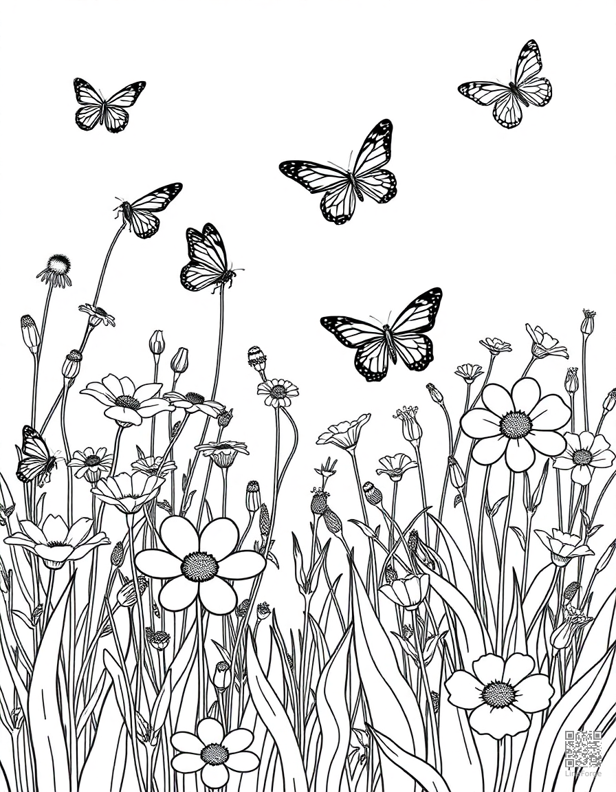 A wildflower meadow with butterflies and bees coloring page Contour style free printable