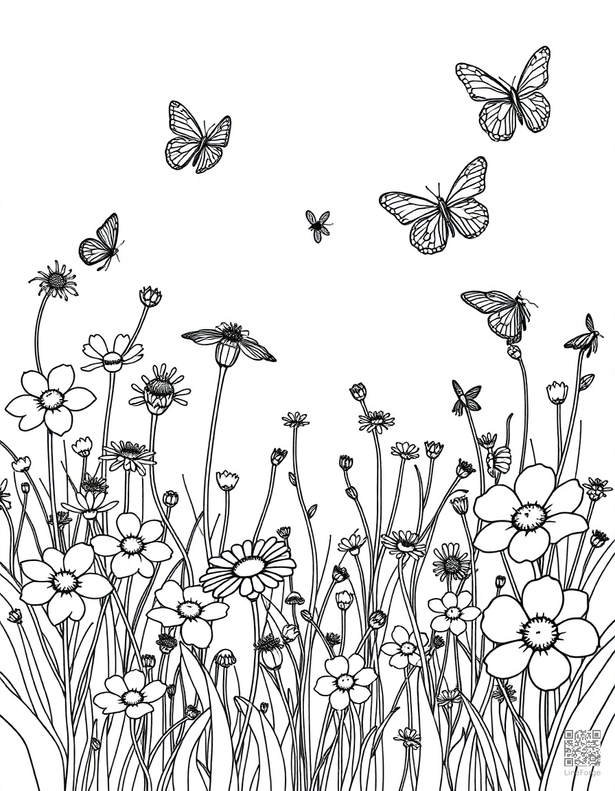 A wildflower meadow with butterflies and bees coloring page Contour style free printable