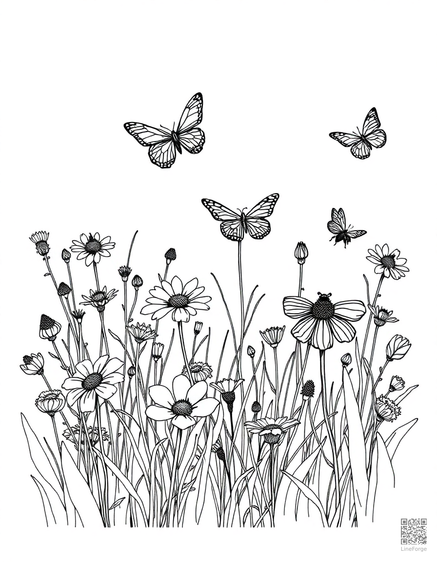 A wildflower meadow with butterflies and bees coloring page Crosshatch style free printable