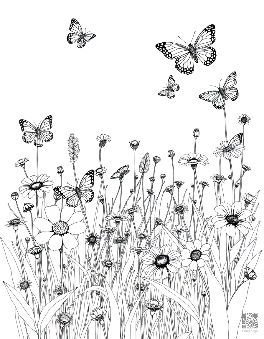A wildflower meadow with butterflies and bees coloring page Crosshatch style free printable