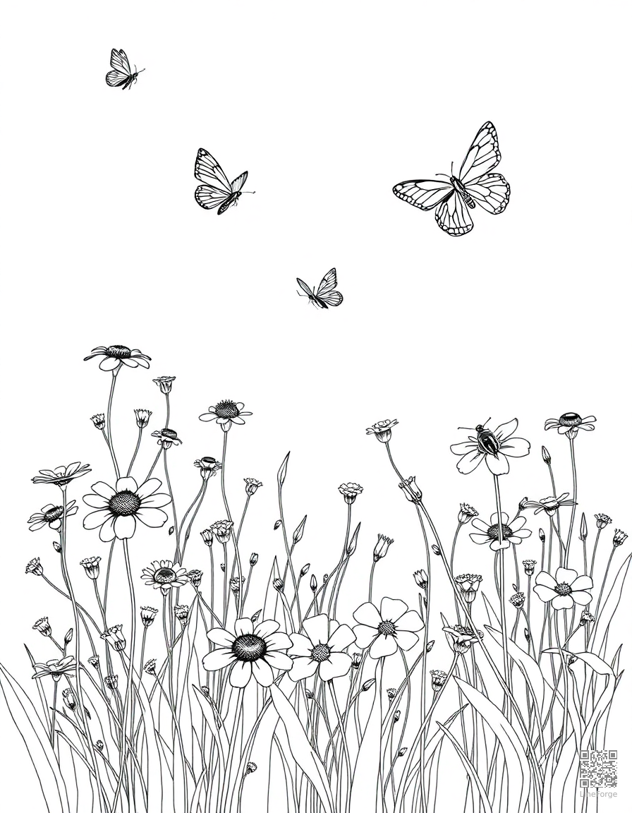 A wildflower meadow with butterflies and bees coloring page Manga style free printable