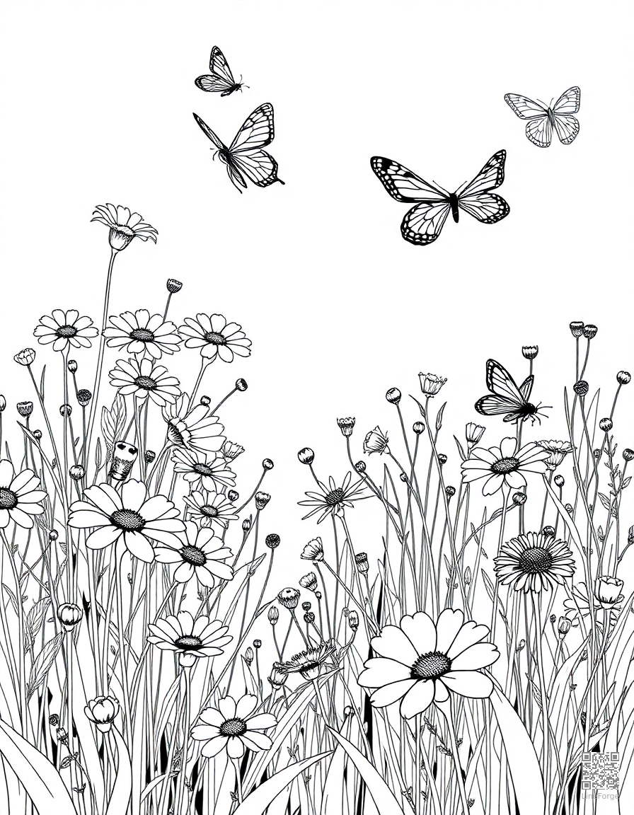 A wildflower meadow with butterflies and bees coloring page Manga style free printable